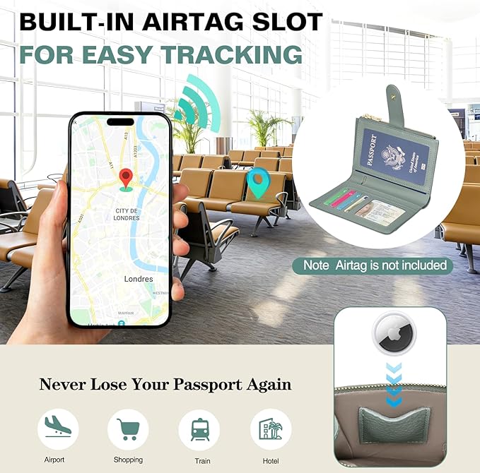 Passport Holder for Travel, Leather Passport Wallet with Airtag Slot, RFID Blocking Travel Wallet for Women Men, Passport Cover with Air Ticket Card Cash Coin Pocket, Travel Essentials Gift