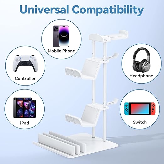 KDD Headphone Stand, Controller Holder & Headset Holder for Desk, Earphone Stand with Aluminum Supporting Bar, Universal Storage Organizer Headphones/Controller/Switch/Mobile Phone(White)