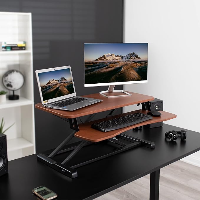 VIVO 32 inch Desk Converter, K Series, Height Adjustable Sit to Stand Riser, Dual Monitor and Laptop Workstation with Wide Keyboard Tray, Dark Walnut Top, Black Frame, DESK-V000KA