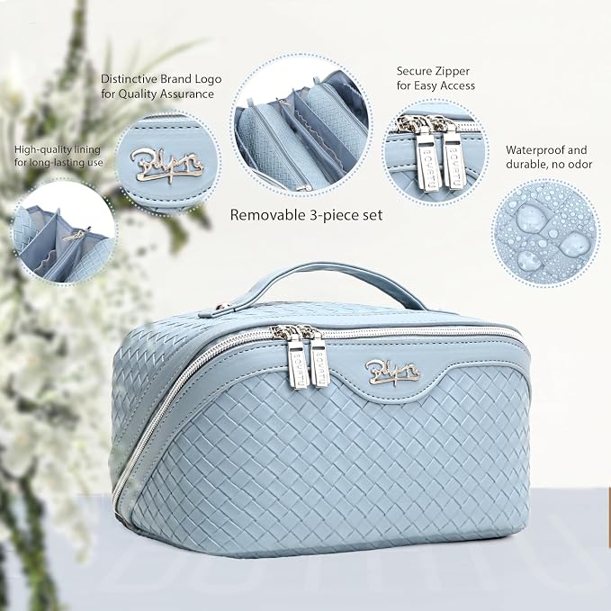 BOYATU Travel Makeup Bag Cosmetic Bags for Women: Large Capacity 3 Pcs Set Make up Bag with Compartments - Waterproof Vegan Leather Toiletry Organizer Bags with Handle (L04 Light Blue)