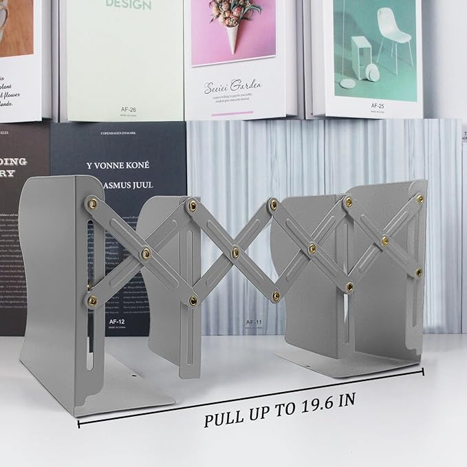 Adjustable Bookends, 19 inches 2 Dividers Heavy Duty Metal Book Holders, Book Storage Rack, Desk Organizer Magazine File Holder for Office, School, Bookstore and Home, Grey