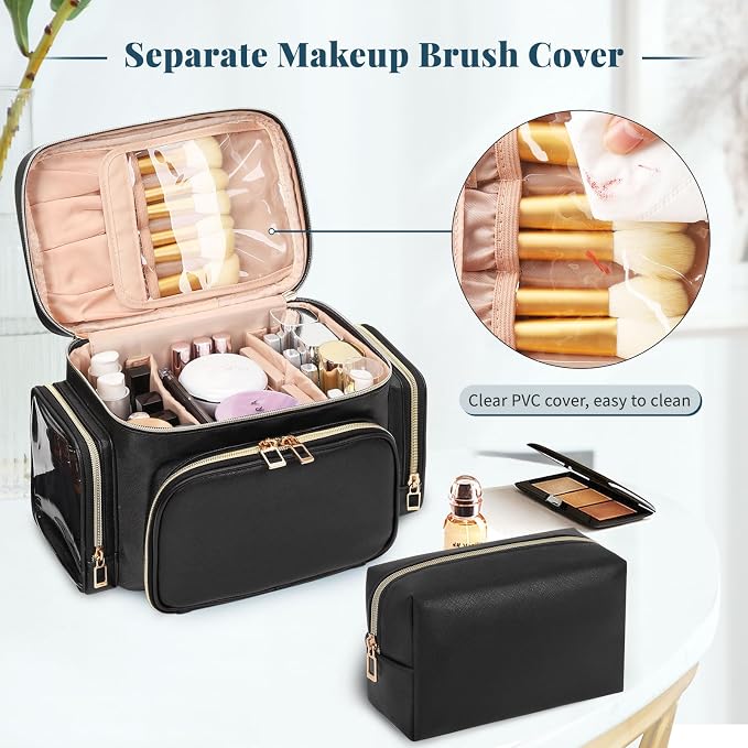 Makeup Bag Set, Portable Travel Makeup Bag Organizer for Women Cute Cosmetic Pouch Large Capacity with Makeup Brush Compartment, Cosmetic Travel Bag with Divider and Handle Toiletry Bag - Black
