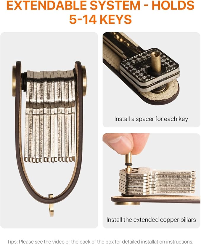 Leather Key Organizer Key Chain for Men Women, Compact Key Holder Keychain - Minimalist Key Case Secures 3-14 Keys