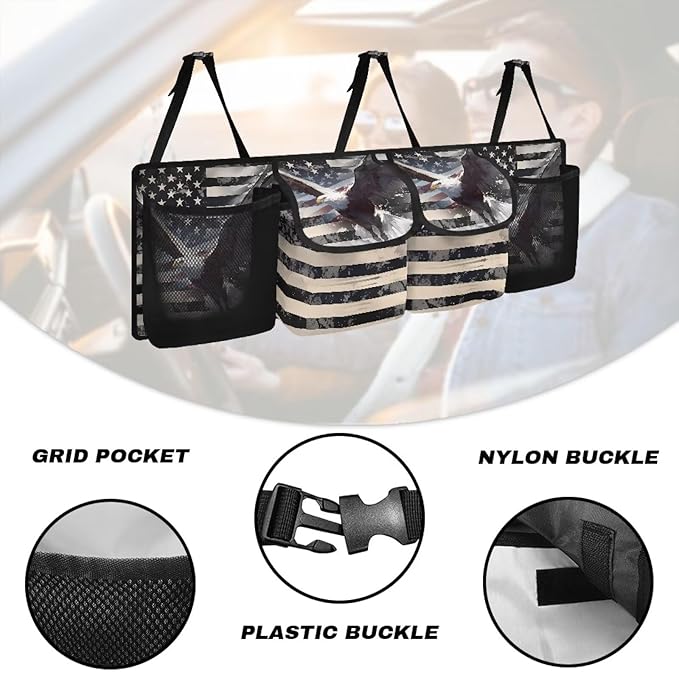 Hanging Organizer for Car Trunk American Flag Eagle Auto Back Seat Storage Bag with 2 Pockets 2 Mesh Pouches Collapsible Detachable Automotive Interior Accessories