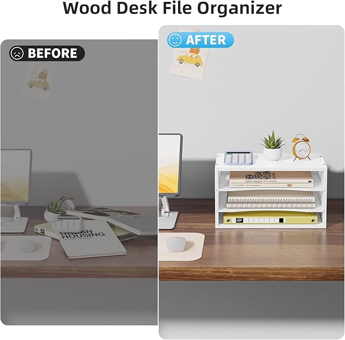 Marbrasse 3-Tier Wood Desk Organizer, Paper Letter Tray Organizer for Desk, Wooden Desktop File Organizer with Handle and Paper Sorter Mail Holder for Office School & Home Supplies Organization-White
