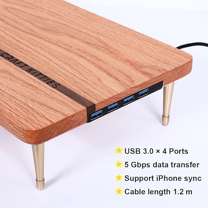 Wood Riser Monitor Stand with USB Ports Computer Stand w/Slot for Tablet & Cellphone Computer Riser w/Big Storage, Dual Monitor Riser for PC, Computer, Laptop, Printer