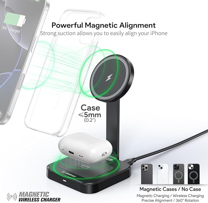 Esoulk 2 in 1 Magnetic Wireless Charging Station, Foldable Charger Stand for iPhone 17/16/15/14, AirPods Charging Pad, Travel Compact 15W Fast Wireless Charger