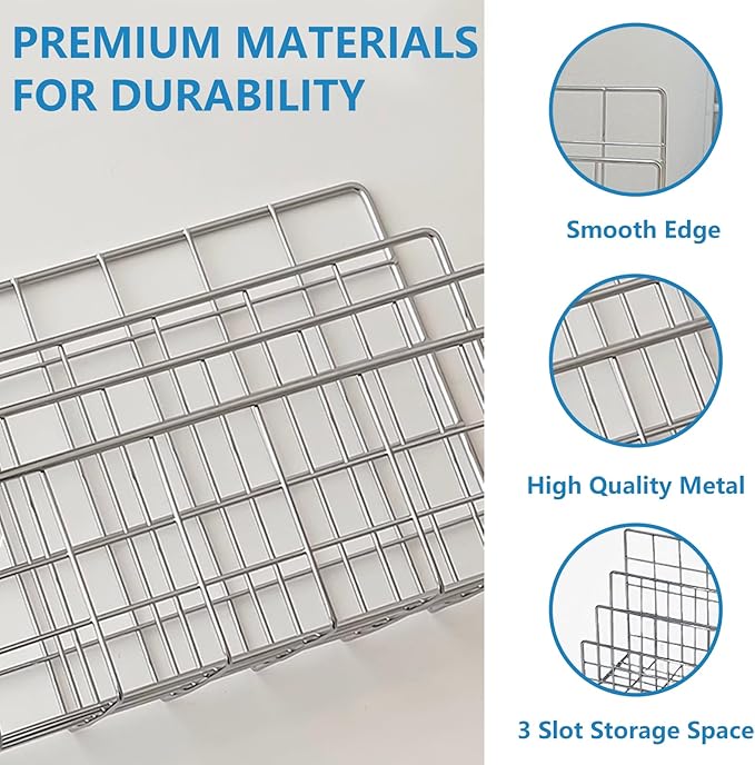 Silver Metal Desktop Organizer – 4-Slot Wire Mail Sorter, Minimalist Iron Art File Holder, Multi-Purpose Book Rack & Letter Organizer for Office, Home & School