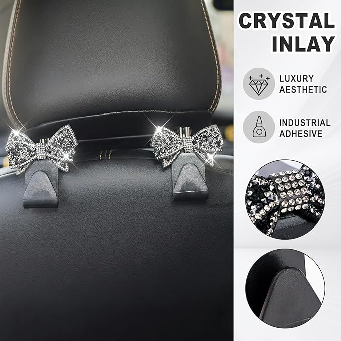 2PCS S-Type Bling Car Seat Headrest Hooks, Crystal Rhinestone Bow Seat Hooks for Purses and Bags, Rhinestone Car Accessories for SUV, Truck, Sedan (Black)