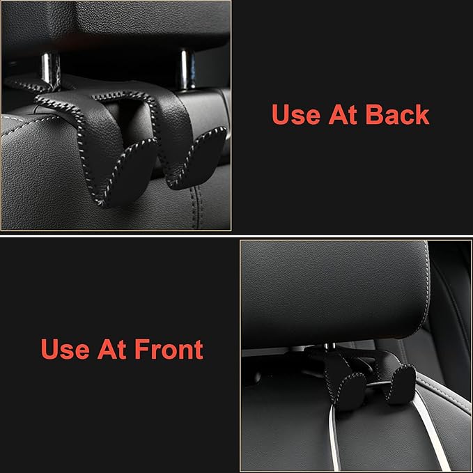 AMVOYOA 【2021 Upgraded】 Car Purse Hook, 2 in 1 Car Seat Headrest Hooks Durable Hanger Storage Holder Leather Organizer for Hanging Grocery Bags, 2 Pack, Black