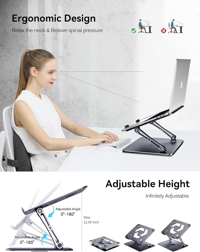 ivoler Adjustable Laptop Stand with 360° Rotating Base,Ergonomic Laptop Stand for Desk,Foldable & Portable Laptop Riser,Suitable for Collaborative Work, Fit MacBook/Laptop up to 16 inches[Space Gray]