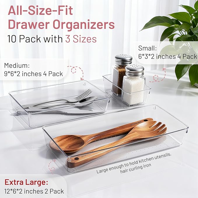 10 Pack Large Drawer Organizer Bins - Clear Plastic Bathroom Drawer Organizer Trays - Heavy Duty Kitchen Drawer Dividers for Utensils - Non-Slip Storage Bins for Makeup, Bedroom, Office Desk