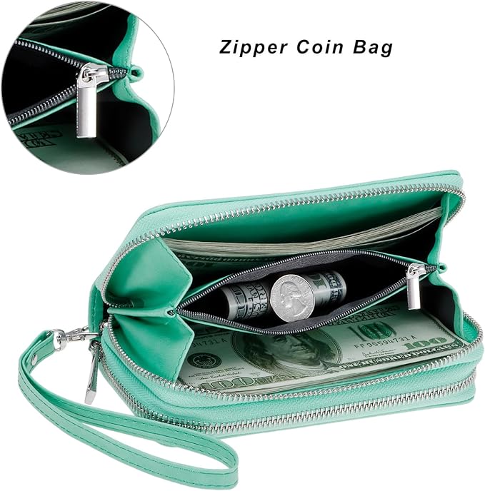 Cellphone Wallet for Women Dual Zipper Long Purse with Removable Wristlet