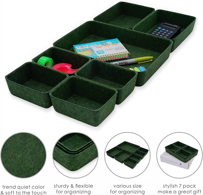 Welaxy Drawer organizers trays felt storage bins drawers dividers organizer boxes for office home interior cozy decor gifts pack 7-piece (Forest Green)