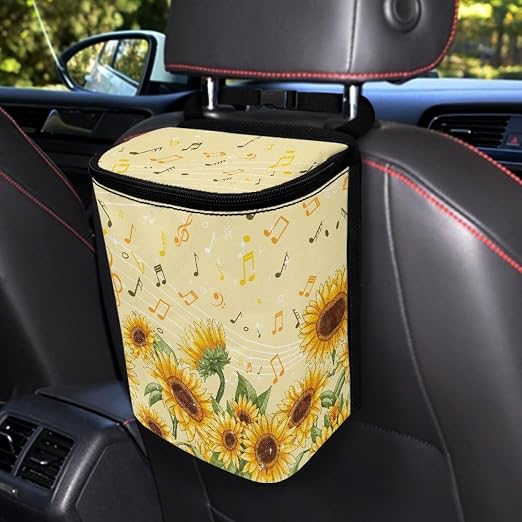 Talayituse Sunflower Music Note Print Car Trash Bin, Large Size Auto Trash Can Adjustable Portable Garbage Can with Lid, Vehicle Hanging Bag for Headrest Front Back Seat