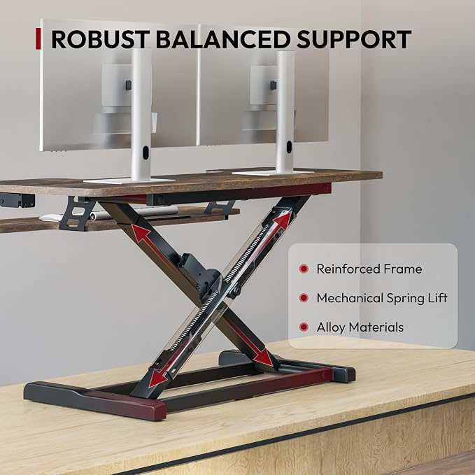 SANODESK 42" Extra Large Standing Desk Converter, Effortless Lift Sit-Stand Riser, Heavy Duty Multi-Device Workstation, Spacious Ergonomic Desktop Riser, Rustic Brown