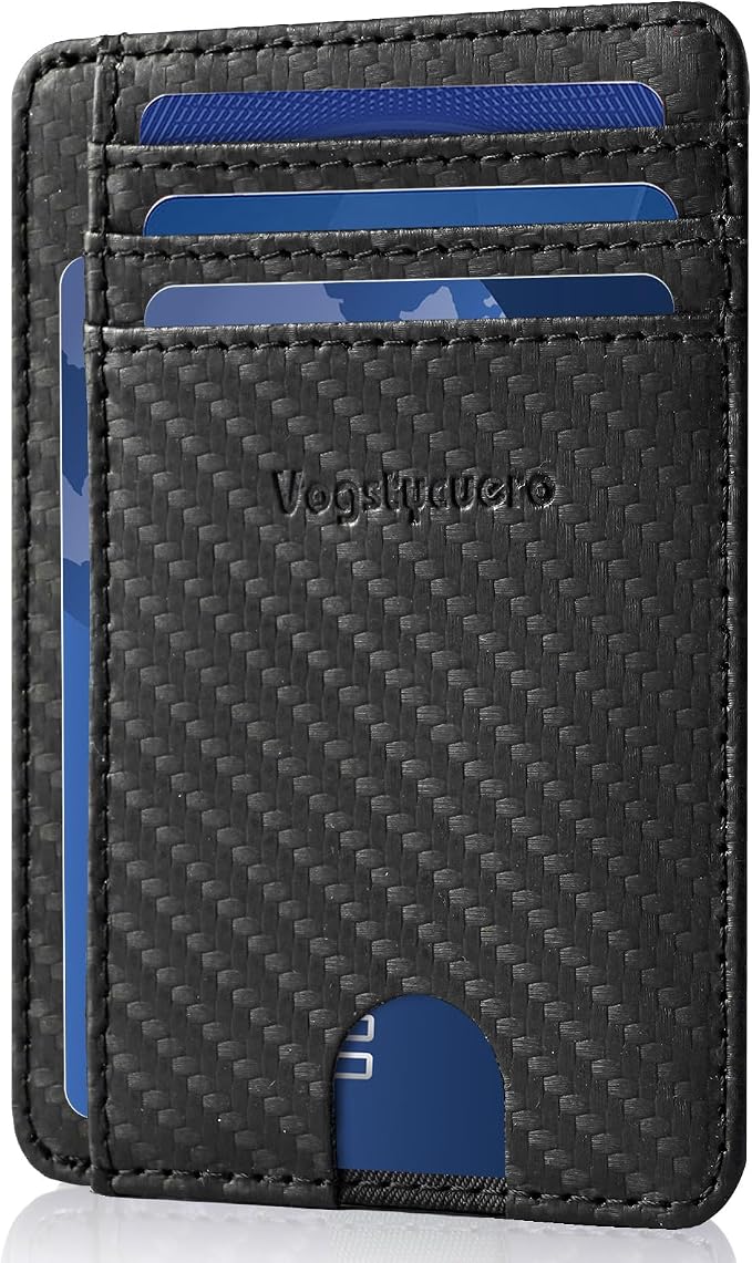 Slim Minimalist Front Pocket Thin Wallet RFID Blocking 100% Genuine Leather Credit Card Holder for men Women, with Gift Box-Carbon Fiber Leather Black