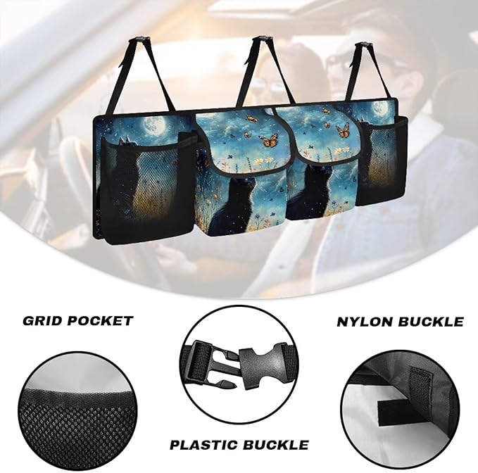 Black Cat Print Car Trunk Organizer Hanging Car Backseat Storage Bag Waterproof Collapsible Cargo Bag with 4 Pouches Universal Automotive Interior Accessories