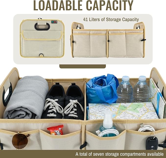 PAT SAM'S Trunk Organizer for SUV, Foldable Car Storage Organizer with Dividers, Waterproof Oxford, Collapsible Car Storage Box with Pockets for Grocery, Tools, Travel (Beige)