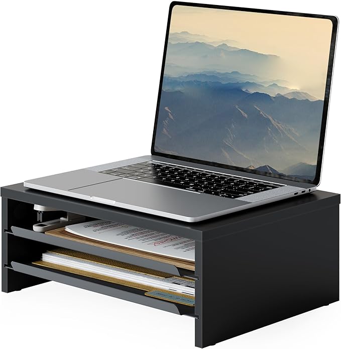 Fenge Monitor Stand, 3-Tier Monitor Riser with Slide-Out Tray, Wooden and Metal Desktop Organizer for Home Office, Computer, Laptop, Printer, Telephone