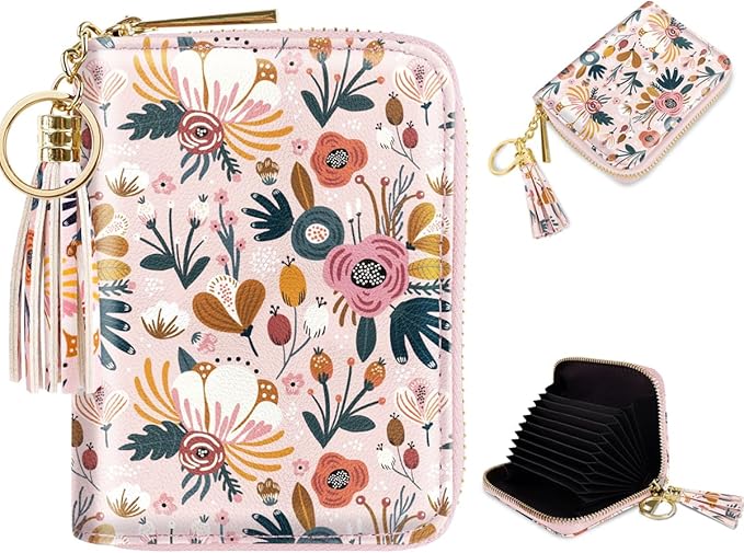 Coco Rossi Leather Credit Card Wallet for Women, RFID Blocking Zipper Cards Holder with Tassel, Pink Flowers