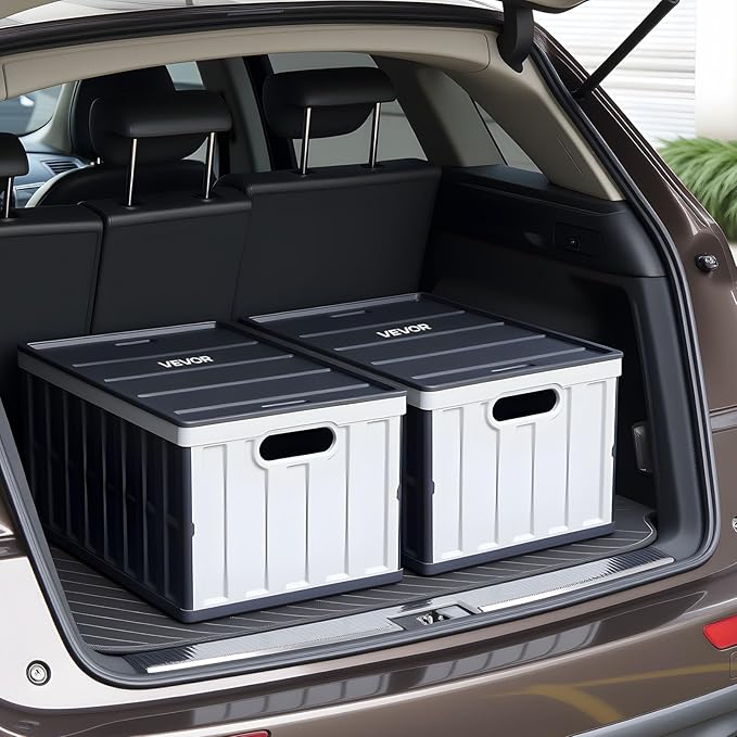VEVOR Plastic Collapsible Storage Bins with Lids, 65L 2 Packs, Stackable Folding Storage Crates with Handles, Holds 84 lbs Per Bin, Heavy Duty Containers, Space-Saving Baskets, for Home Organizing