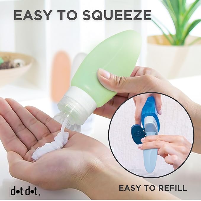 Dot&Dot Leak Proof Travel Bottles - Tubes for Liquid TSA Approved 3oz Silicone Toiletries Travel Shampoo & Conditioner Containers with Labels