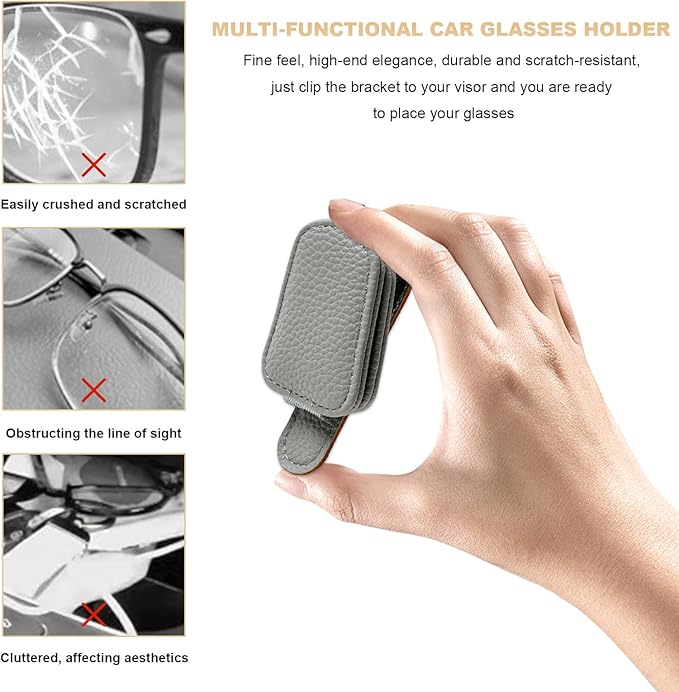 2 PCS Sunglasses Holders for Car Visor, Magnetic Leather Eyeglasses Hanger Mounter Ticket Card Clip, Auto Sun Visor Glasses Holder Business Card Organizer for Men Women (Gray)