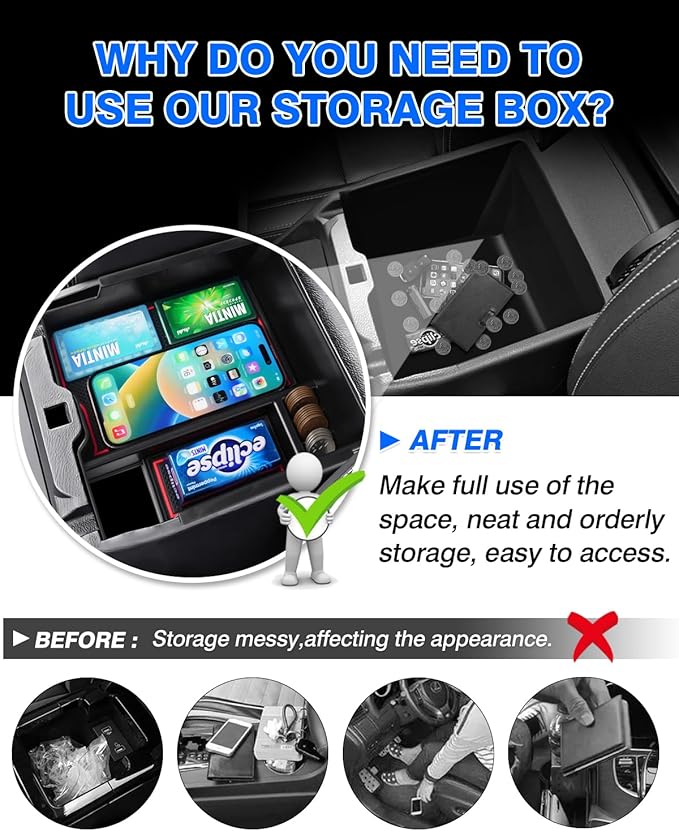 Autorder Center Console Organizer for 2024 2025 2026 Ford Ranger Accessories Armrest Storage Box Secondary Insert Tray with 2 Color Mats (ONIF FIT Electric handbrake Version)