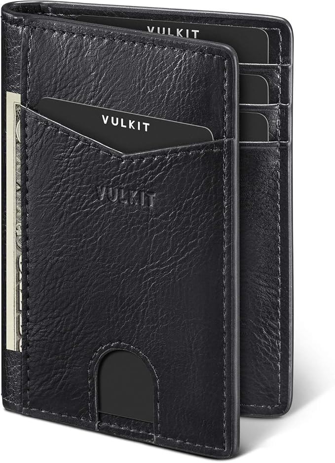 VULKIT Bifold Front Pocket Slim Wallet RFID Blocking Minimalist Thin Leather Credit Card Holder Wallet for Men and Women Black