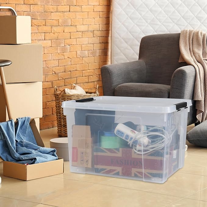 50 L Large Plastic Storage Bins with Latching Lids and Wheels, 4-Pack Clear Stackable Boxes for Closet, Garage