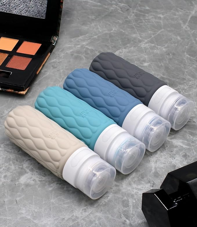 100 ml Silicone Travel Bottles for Toiletries with Labels/Clear Bag, Holiday Travel Essentials Leakproof Refillable Squeeze Travel Size Containers Set for Shampoo and Conditioner