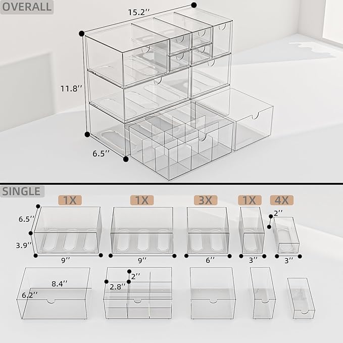 Desk Organizer Set, Clear Stackable Dustproof Storage Boxes for Desktop, Office, DIY Craft & Vertical Space Saving, Perfect for Makeup, Stationery, Jewelry Organization (10 Drawer)