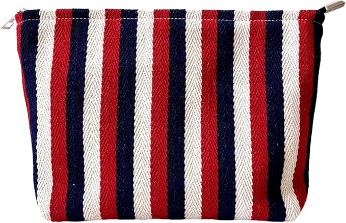 Color Striped Makeup Bag for Women, Canvas Cosmetic Bag with Zipper lining, Travel Makeup Pouch for Purse, Travel Pouch for Toiletry, Cosmetic, Sunscreen, Hygiene, Skincare, SPF, Medicine, Sunblock