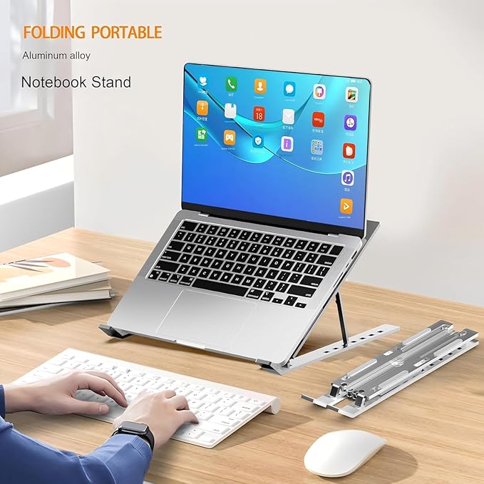 Ergonomic 7-Levels Angles Adjustable Laptop Stand, Portable Laptop Stand for Desk, Aluminum + Silicone Foldable Ventilated Cooling Laptop Riser for 10-17” Laptops, Tablets (Silver)