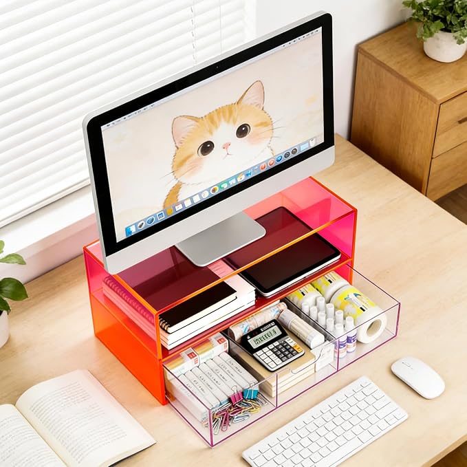 Gelite Acrylic Computer Monitor Stand for Desk Monitor Riser with Drawer Desktop Monitor Shelf with Storage, Neon Pink