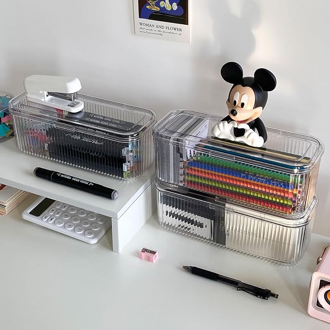 3 Pack Clear Pen Organizer for Desk Drawer, Plastic Home Office Supplies Storage Container for Marker, Crayons, Brushes, Mini Toys, Art Crafts, Pencil Case with Lid