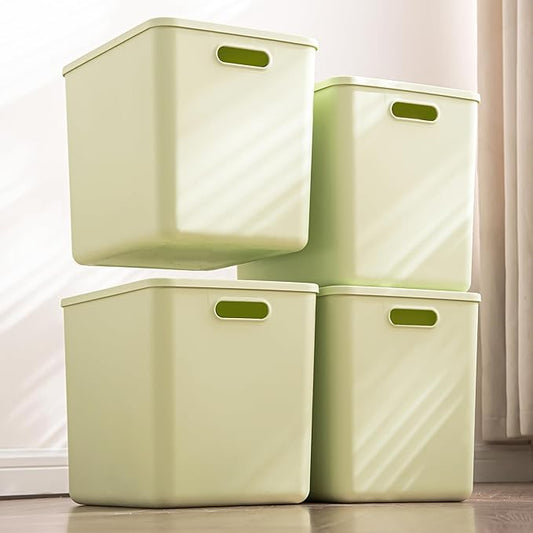 4 pack large plastic White storage bins with Lids, Toy Box Chest with Handle，Organizer Containers Baskets for Baby,Nursery，Shelves，Playroom, Bedroom，Office,Closet，home (Light Green, 4XL)
