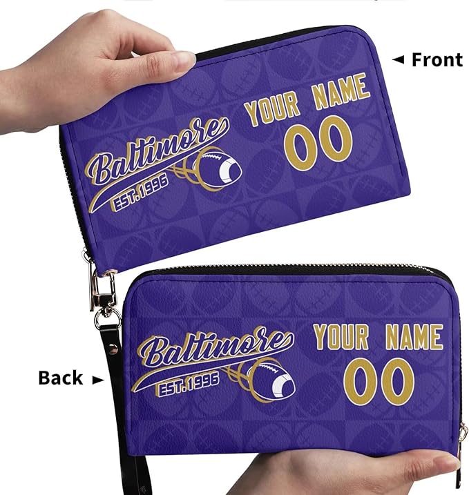 Custom Sports Team Zip Organizer Wallet-Personalized PU Leather Wristlet Wallet with Name Number,Multi-Card Slots,Wrist Strap,Fan Gift for Men Women.
