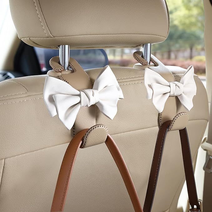 Car Purse Hook, Cute Bow Hooks for Headrest - Leather U-Shaped Purse Holder for Car, Flexible Seat Back Organizer & Durable Vehicle Accessories for Bags, Coats & More (Beige-2 Pack)