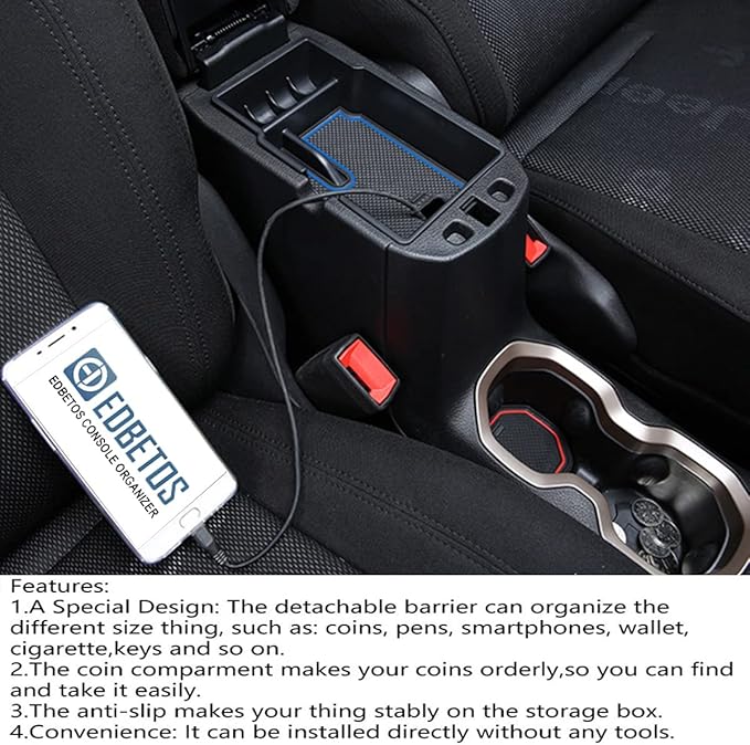 EDBETOS Center Console Organizer Tray Compatible with Jeep Renegade Accessories 2015-2019 2020 2021 2022 2023 Armrest Glove Box Secondary Storage (Blue Line)