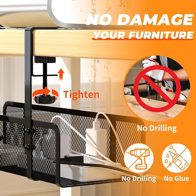 Under Desk Cable Management Tray, Wire Management Desk Cable Organizer Cable Management Box, Cord Organizer Storage for Office