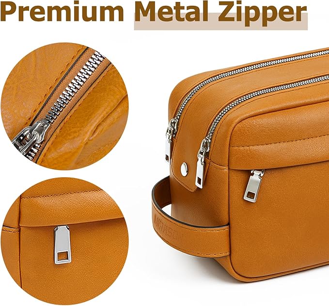 MIRASON Toiletry Bag for Men Leather Travel Toiletry Bag Dopp Kit with Metal Zippers, Water-Resistant Bathroom Bag for Travel Essentials Shaving Bag Gifts for Men, Brown