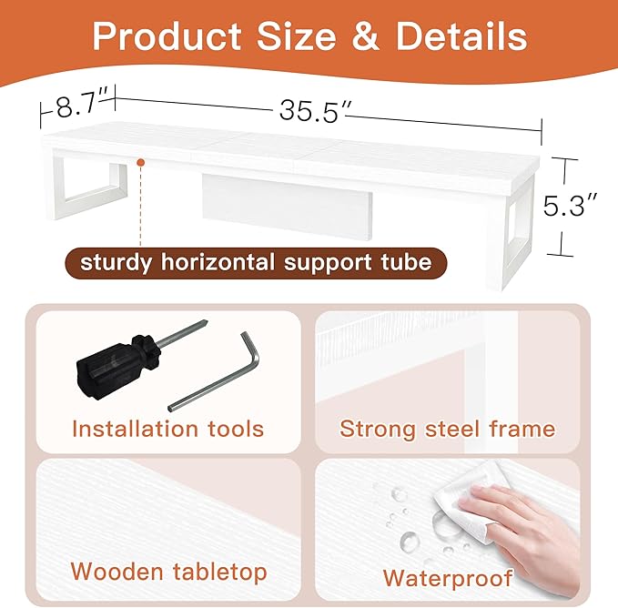 Dual Monitor Stand Riser, Large Computer Monitor Stand for 2 Monitors, Multi-Purpose Desk Organizers and Accessories, Wood and Steel Desk Shelf for Computer, Laptop, Printer, TV, White