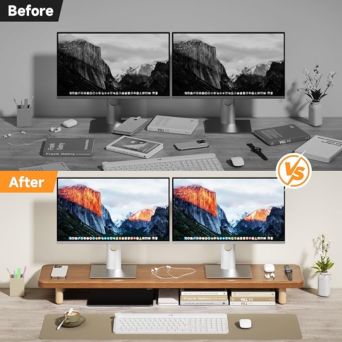 Dual Monitor Stand Riser, 39 Inch Extra Long Wooden Desktop Monitor Riser with Storage for 2 Monitors Ultra Strong Desk Shelf Organizer Riser Ergonomic for 2 Screens/Laptop/PC/TV/Printer (Walut brown, 39inches)