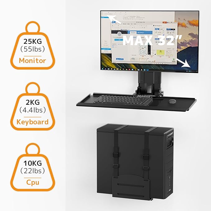 PUTORSEN Monitor and Keyboard Wall Mount with CPU Holder for 32" Monitors (55 lbs Max), Keyboard Tray (4.4 lbs Load) & CPU Holder (22 lbs Capacity) - Height Adjustable, with Mouse Pad, VESA75/100