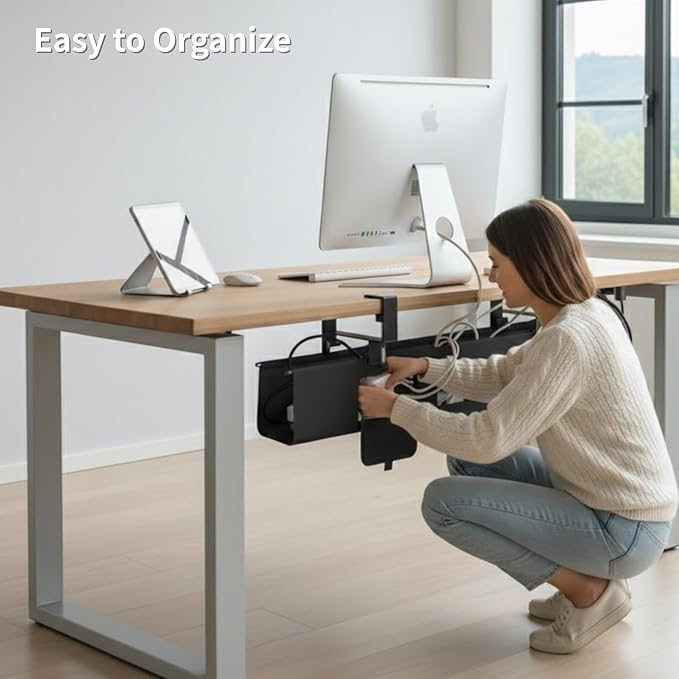 Under Desk Cable Management Tray, 36” Fabric No Drill Clamp Mount Cord Organizer for Desk, Heavy Duty Wire Management for Office Home, Black