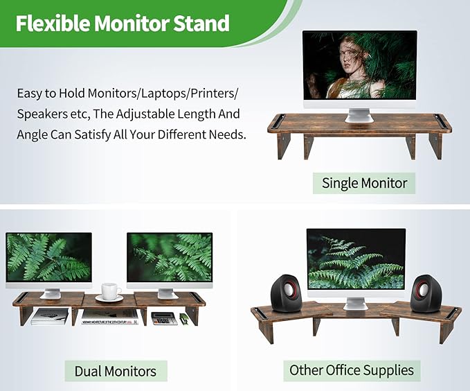 Dual Monitor Stand Riser with Storage, Adjustable Length & Angle Wooden Desk Shelf for 2 Monitors, Computer Stand for Home Office, PC, Laptop, Printer