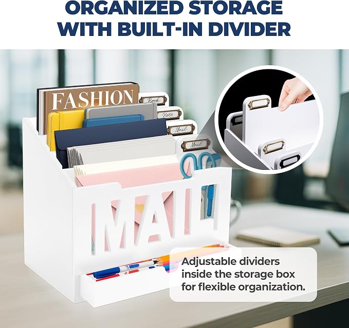 Mail Organizer Countertop – White Holder for Desk with 4 Slots, Drawer & Label Tags, Decorative Desktop Sorter, Envelope Tray for Home Office Organization (11x7x9.5 in)