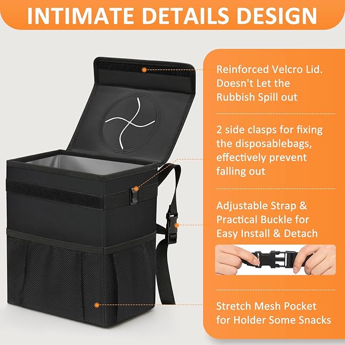 Vankor Car Trash Can Bin with Lid Hanging for Back Seat, Car Accessories for Women Men Leak Proof Automotive Garbage Cans Leakproof Vehicle Trash Can for Truck SUV Black